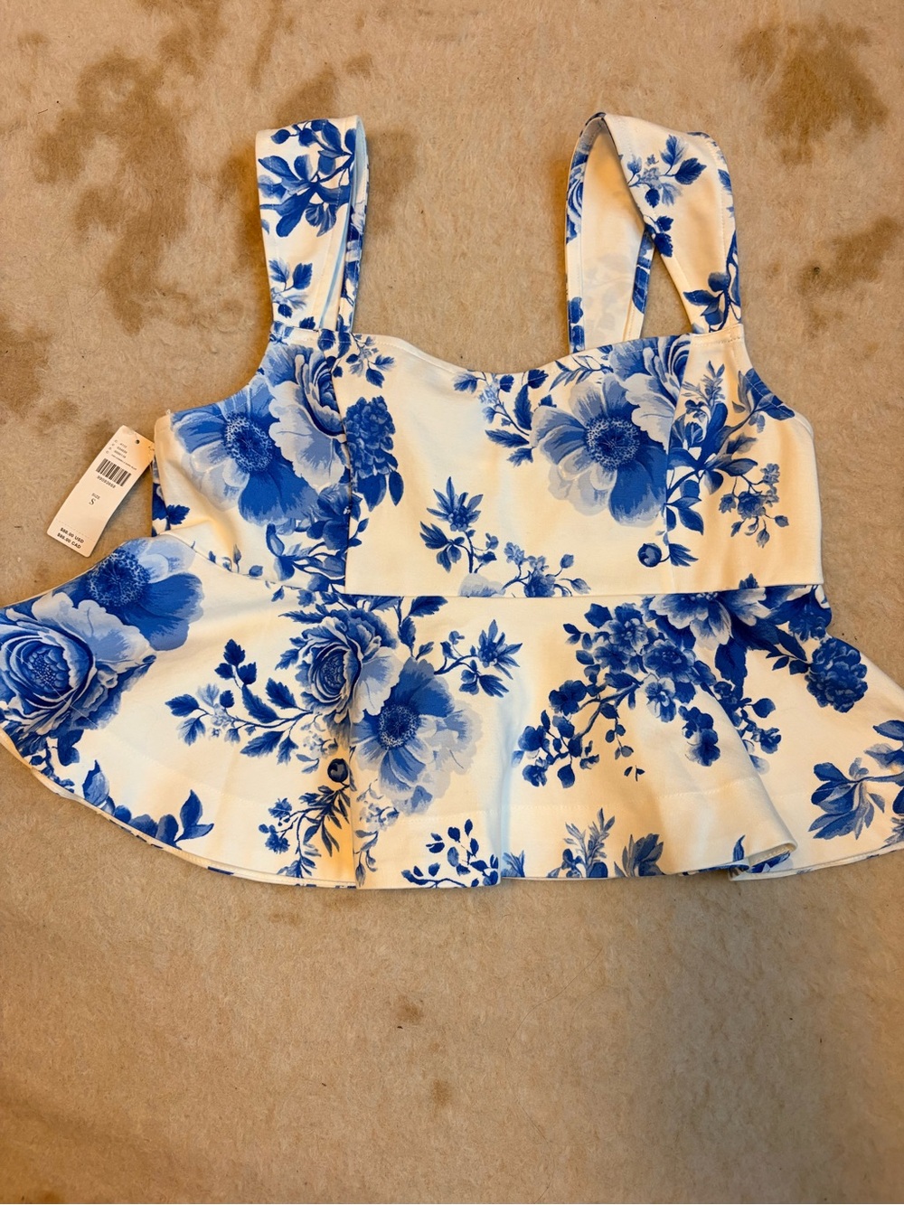 Maeve White and Blue Floral Peplum Tank Top